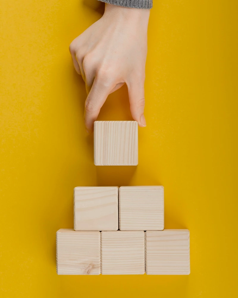 Een hand plaatst het laatste houten blokje op een piramide van houten blokjes, als symbool voor programma management