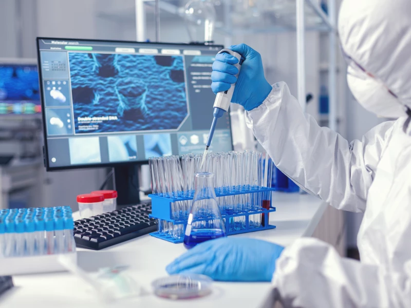 Scheikundige die experimenten uitvoert met een pipet in een modern laboratorium, nadat verbeteringen zijn doorgevoerd door Consultancy