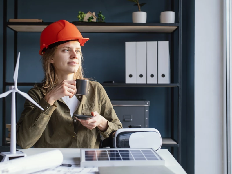 Professional in de Energie-sector die koffie drinkt en naar buiten kijkt, terwijl ze nadenkt over verbeterprojecten