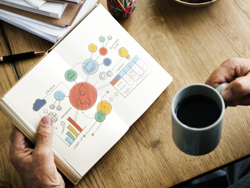 Iemand die koffie drinkt en een boek met visuele plaatjes leest, om inspiratie op te doen voor Visual Management.